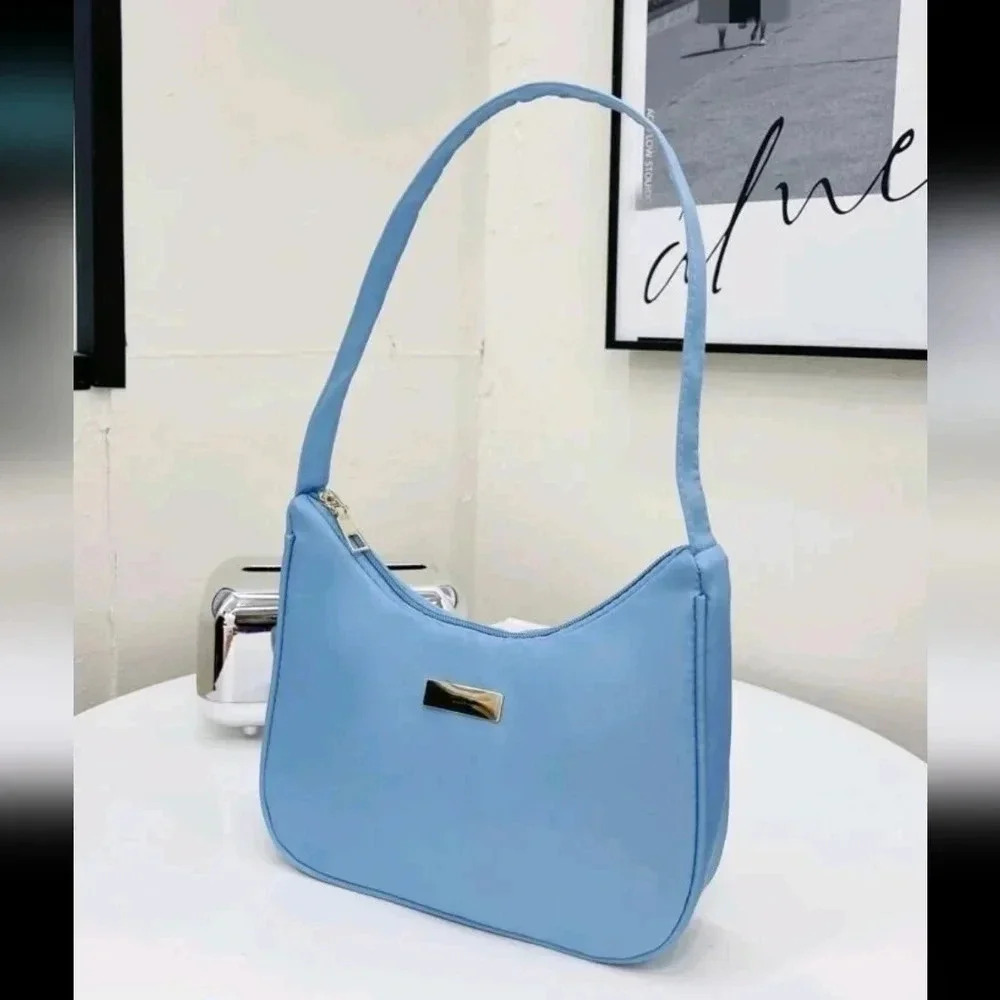 Baby blue zippered shoulder bag strap silver aqua purse satchel womens girls - Picture 6 of 6